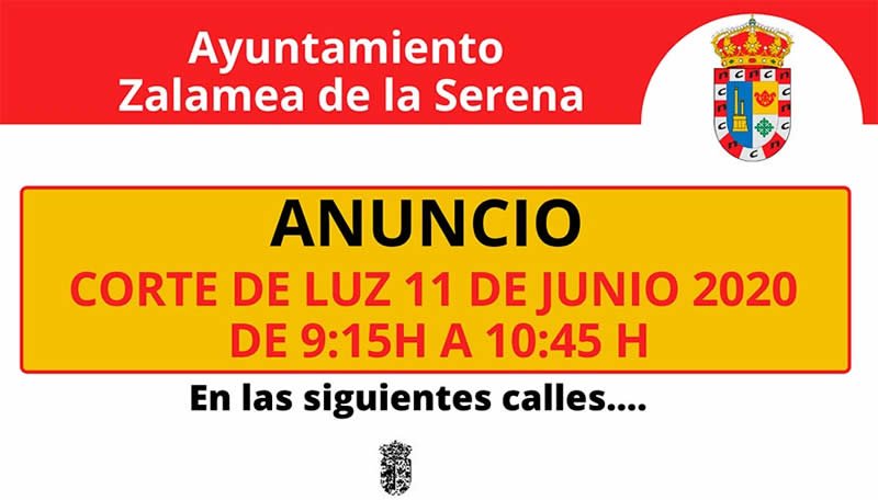 ANUNCIO Corte de Luz día 11 de junio 2020 de 9:15 h a 10:45 h