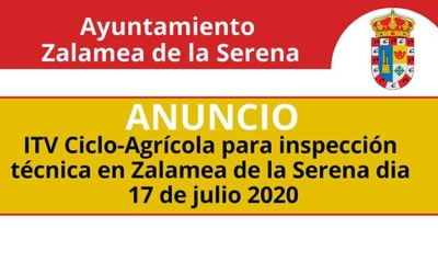 ITV Ciclo-Agrícola para inspección técnica en Zalamea de la Serena dia 17 de julio 2020