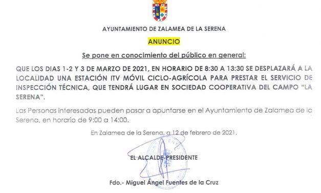 LA ESTACIÓN ITV MÓVIL CICLO-AGRÍCOLA  ESTARÁ EN ZALAMEA DE LA SERENA LOS DÍAS 1-2 Y 3 DE MARZO 2021