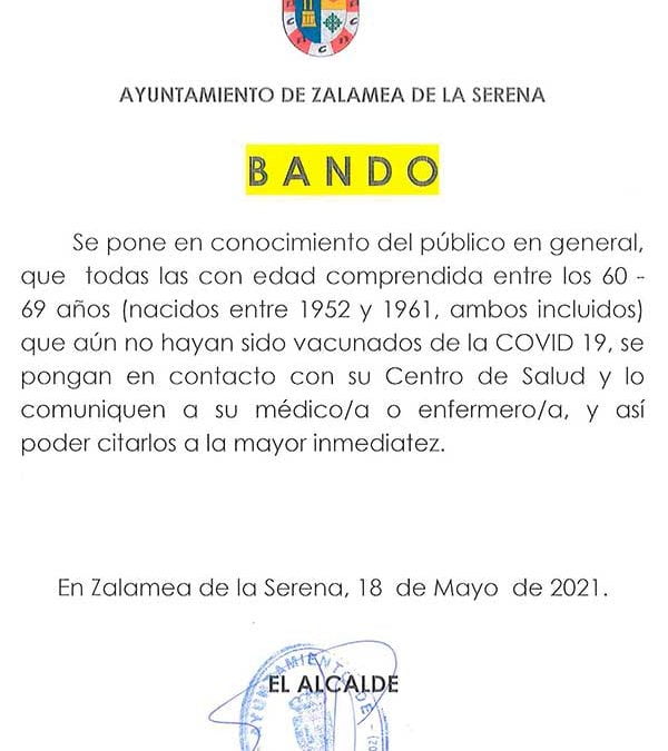 BANDO INFORMACIÓN VACUNAS COVID-19 PERSONAS ENTRE LOS 60 – 69 AÑOS