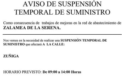 Aqualia informa: AVISO DE SUSPENSIÓN TEMPORAL DE SUMINISTRO en C/ZUÑIGA  DÍA 11 mayo 2021