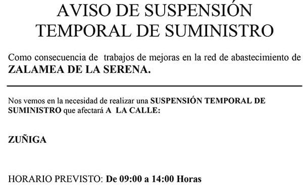 Aqualia informa: AVISO DE SUSPENSIÓN TEMPORAL DE SUMINISTRO en C/ZUÑIGA  DÍA 11 mayo 2021