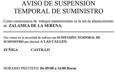 Aqualia informa: SUSPENSIÓN TEMPORAL DE SUMINISTRO EN C/ZUÑIGA Y CASTILLO DÍA 2 JUNIO 2021