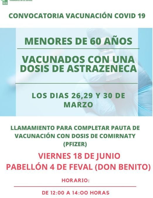 Convocatoria vacunación covid 19 menores de 60 años vacunados con una dosis de Astrazeneca los DÍAS 26,29 y 30 de marzo