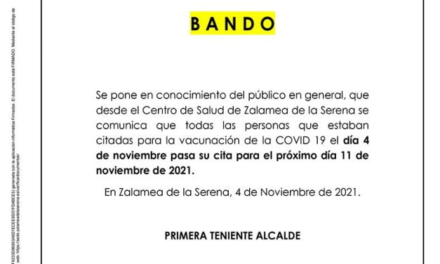Vacunación de la COVID 19 del día 4 de noviembre pasa su cita para el próximo día 11 de noviembre de 2021.