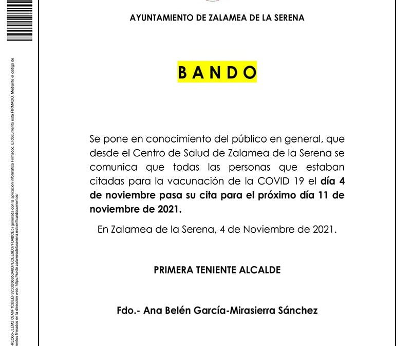 Vacunación de la COVID 19 del día 4 de noviembre pasa su cita para el próximo día 11 de noviembre de 2021.
