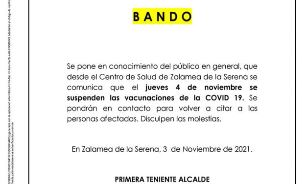 Suspensión de vacunaciones de la COVID 19 el día 4 de noviembre  de 2021