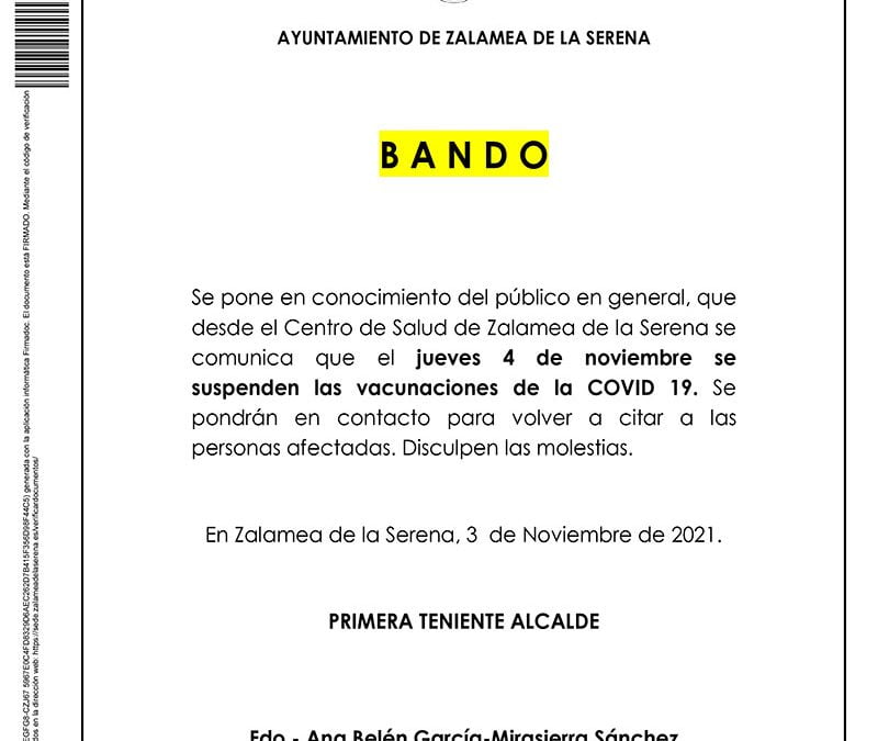 Suspensión de vacunaciones de la COVID 19 el día 4 de noviembre  de 2021
