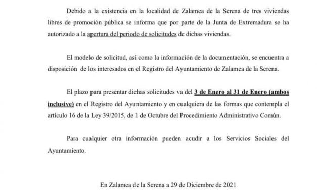 Apertura de Plazo para solicitar tres viviendas de promoción pública.