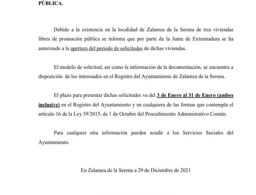 Apertura de Plazo para solicitar tres viviendas de promoción pública.