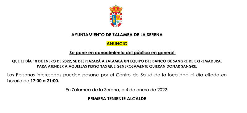 ANUNCIO: Donación de sangre en Zalamea el dia 10 de enero 2022