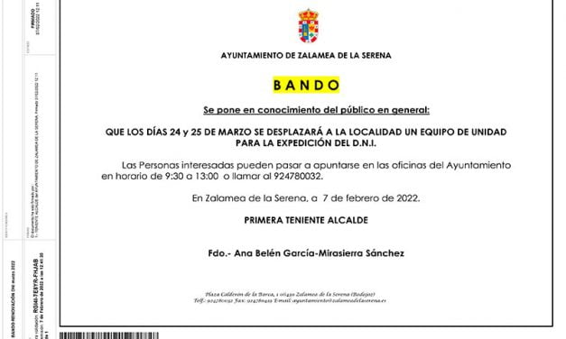 RENOVACIÓN D.N.I. LOS DÍAS 24 Y 25 DE MARZO DE 2022