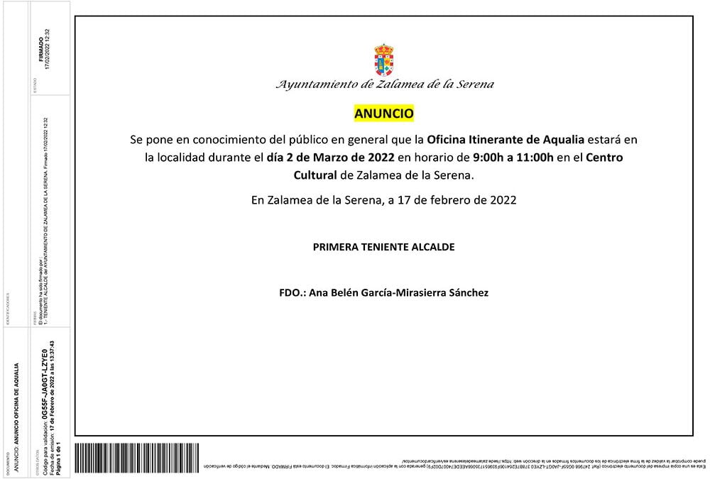Oficina Itinerante de Aqualia en Zalamea de la Serena el 2 de Marzo 2022