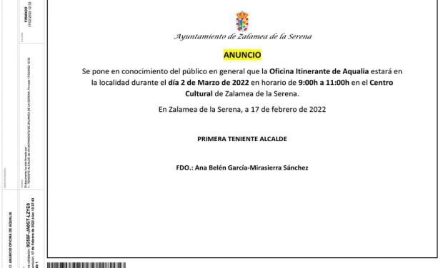Oficina Itinerante de Aqualia en Zalamea de la Serena el 2 de Marzo 2022