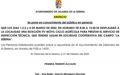 Estación itv móvil ciclo-agrícola servicio de inspección técnica en Zalamea de la Serena marzo 2022