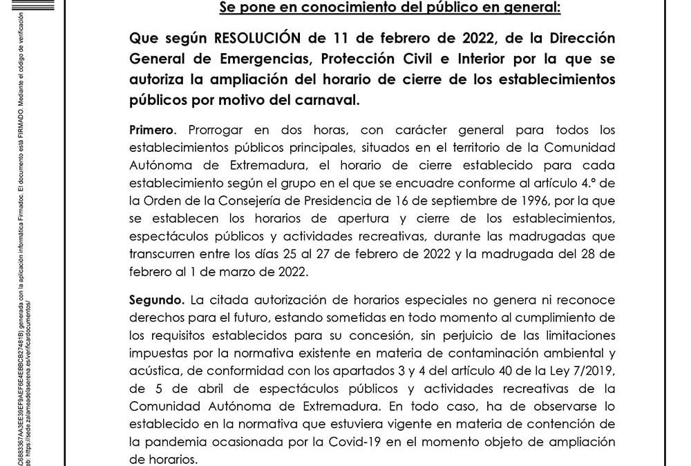 Ampliación del horario de cierre de los establecimientos públicos por motivo del carnaval 2022