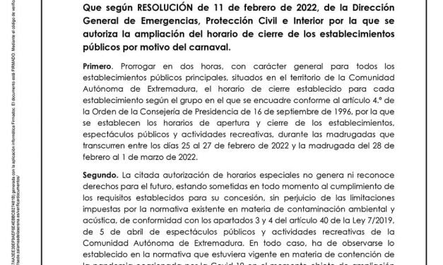 Ampliación del horario de cierre de los establecimientos públicos por motivo del carnaval 2022