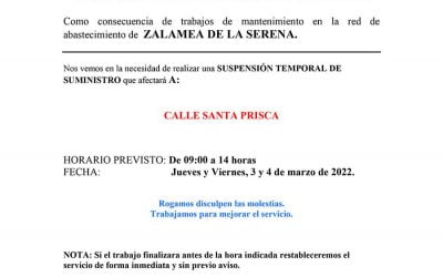 AVISO DE SUSPENSIÓN TEMPORAL DE SUMINISTRO DE AGUA  3 y 4 de marzo de 2022