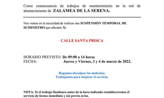 AVISO DE SUSPENSIÓN TEMPORAL DE SUMINISTRO DE AGUA  3 y 4 de marzo de 2022