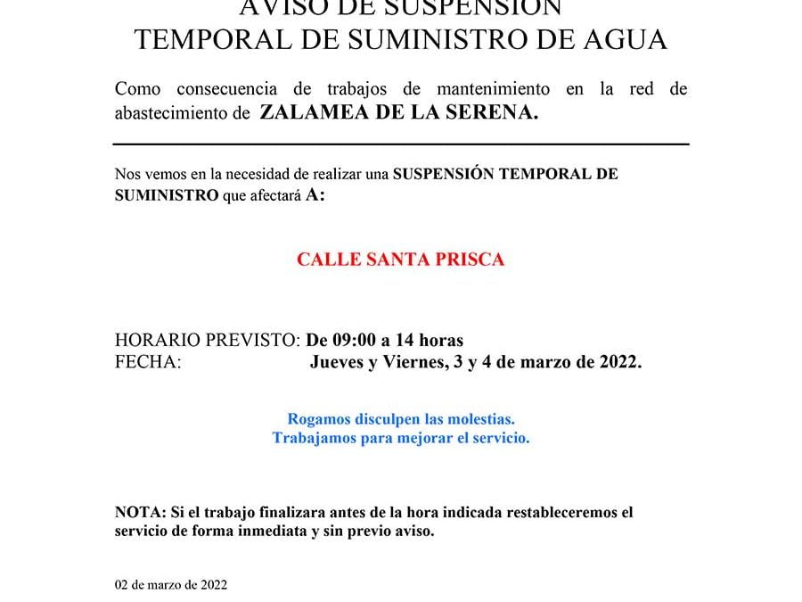 AVISO DE SUSPENSIÓN TEMPORAL DE SUMINISTRO DE AGUA  3 y 4 de marzo de 2022