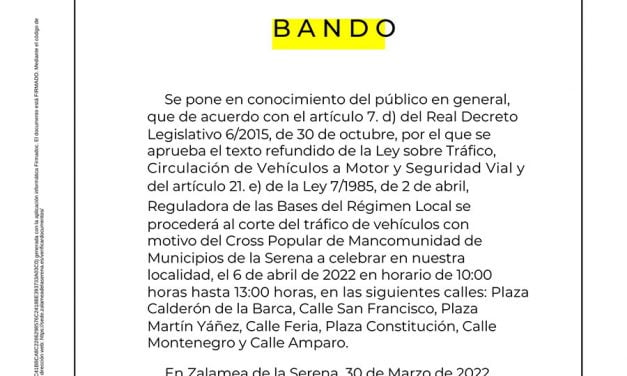 BANDO: Corte del tráfico de vehículos con motivo del Cross Popular de Mancomunidad de Municipios de la Serena