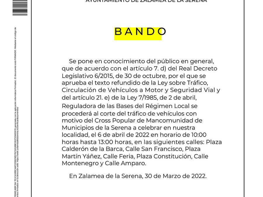 BANDO: Corte del tráfico de vehículos con motivo del Cross Popular de Mancomunidad de Municipios de la Serena