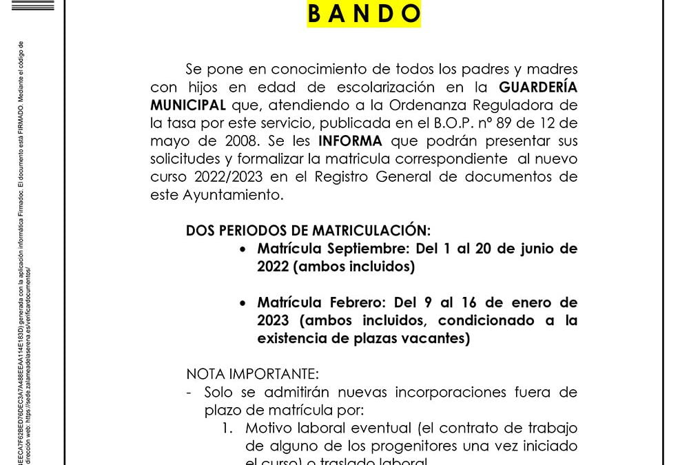 BANDO GUARDERÍA MUNICIPAL nuevo curso 2022/2023