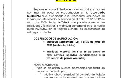 BANDO GUARDERÍA MUNICIPAL nuevo curso 2022/2023
