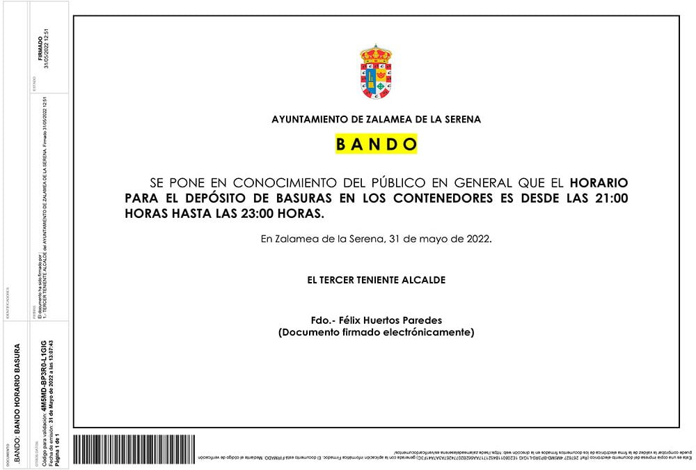 BANDO Horario para el depósito de basuras en los contenedores