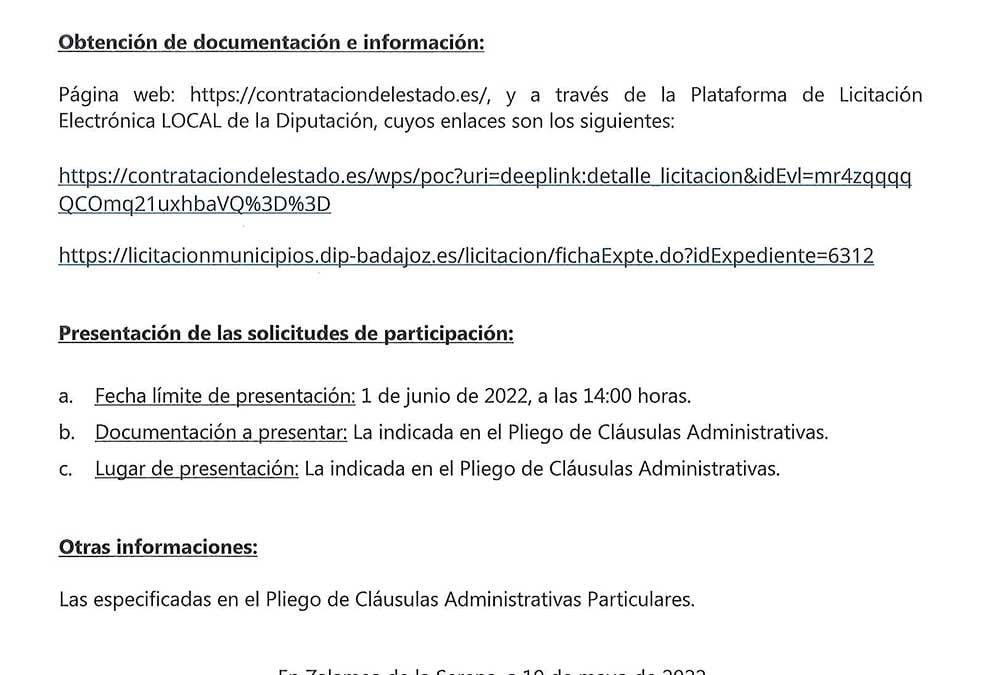 ANUNCIOAbierto el plazo de Licitación Expediente de Contratación 4/2022 «EXPLOTACIÓN YSERVICIO DE BAR-CAFETERIA DEL HOGAR CLUB DE MAYORES DEL AYUNTAMIENTO DEZALAMEA DE LA SERENA»