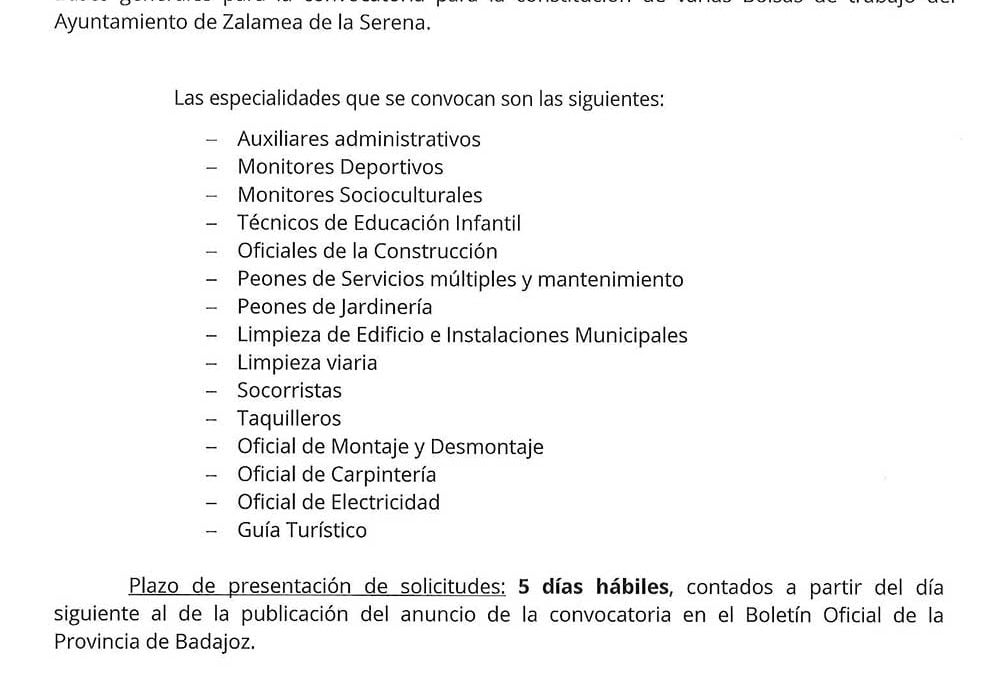 ANUNCIO: Convocatoria bolsa de trabajo mayo 2022 Zalamea de la Serena