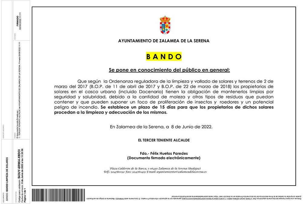 BANDO Ordenanza reguladora de la limpieza y vallado de solares y terrenos