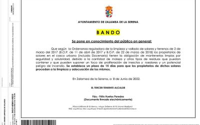 BANDO Ordenanza reguladora de la limpieza y vallado de solares y terrenos