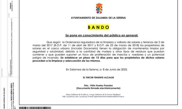 BANDO Ordenanza reguladora de la limpieza y vallado de solares y terrenos