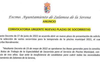 ANUNCIO Convocatoria urgente nuevas plazas de Socorristas para el Servicio de Piscina Municipal de Zalamea de la Serena.