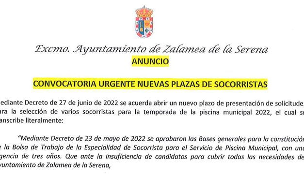 ANUNCIO Convocatoria urgente nuevas plazas de Socorristas para el Servicio de Piscina Municipal de Zalamea de la Serena.