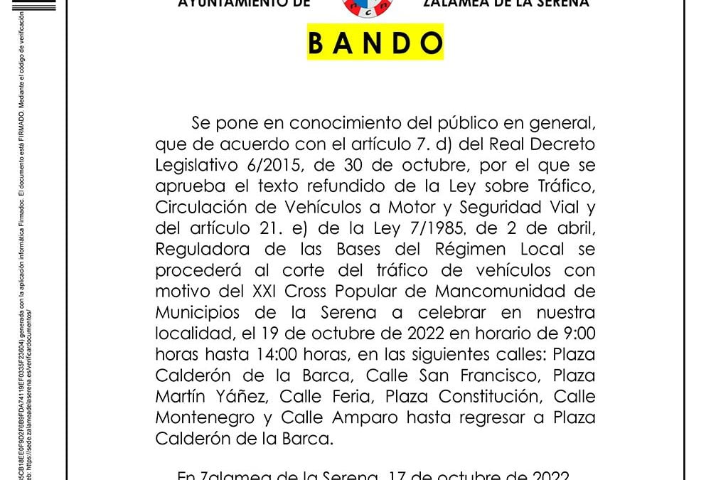 BANDO Corte de calles XXI Cross Popular de Mancomunidad de Municipios de la Serena 19 octubre 2022