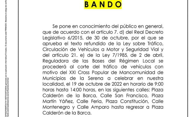 BANDO Corte de calles XXI Cross Popular de Mancomunidad de Municipios de la Serena 19 octubre 2022