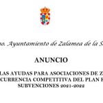 CONVOCADAS LAS AYUDAS PARA ASOCIACIONES DE ZALAMEA DELA SERENA POR CONCURRENCIA COMPETITIVA DEL PLAN ESTRATEGICO DE SUBVENCIONES 2021-2022
