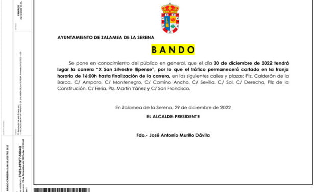 BANDO Cortes de tráfico por la celebración viernes 30 de la carrera “X San Silvestre Ilipense”
