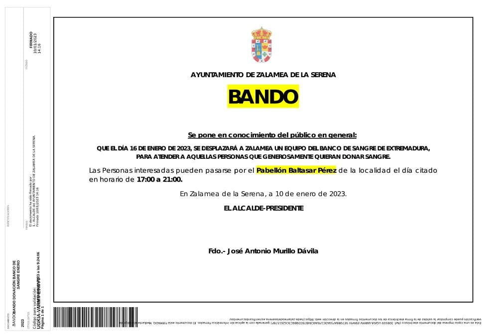 BANDO Donación al Banco de sangre dia 16 de enero 2023 en Zalamea de la Serena.