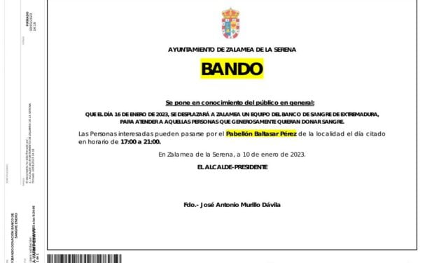 BANDO Donación al Banco de sangre dia 16 de enero 2023 en Zalamea de la Serena.