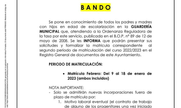 Nuevo periodo de matriculación 2022-2023 en la Guardería Municipal