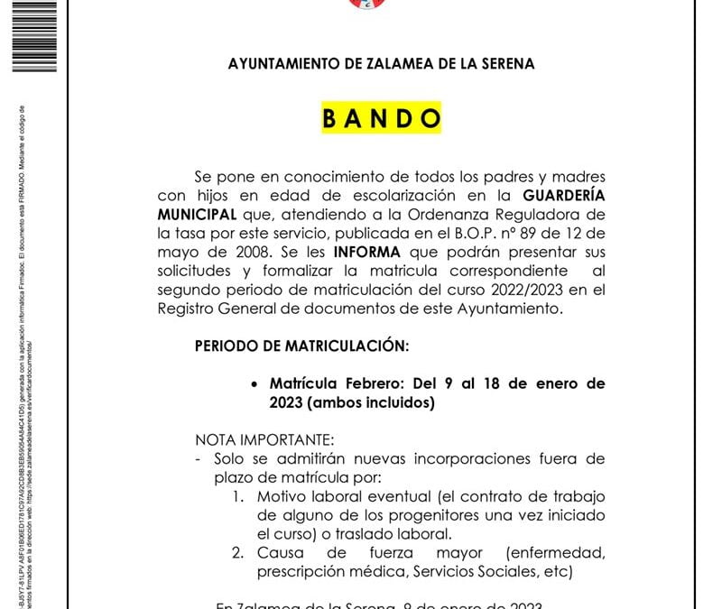 Nuevo periodo de matriculación 2022-2023 en la Guardería Municipal