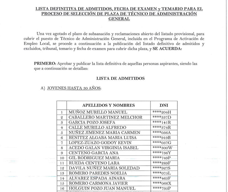 ANUNCIO: Listado definitivo admitidos, fecha de examen y temario para el proceso de selección de plaza de Técnico de Administración General