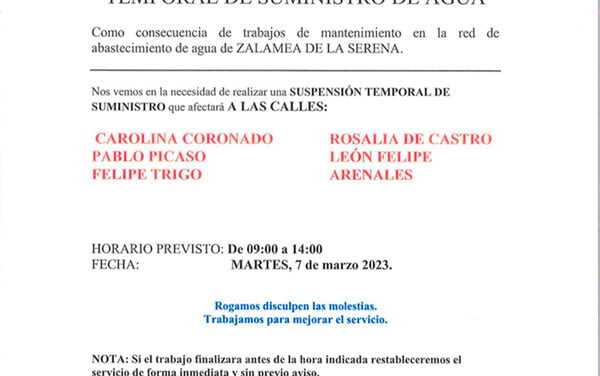 AQUALIA INFORMA aviso de suspensión temporal de suministro de agua martes 7 de marzo 2023