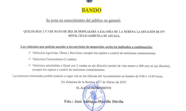 BANDO:ITV Móvil Ciclo-Agrícola días 2 y 3 de Mayo de 2023