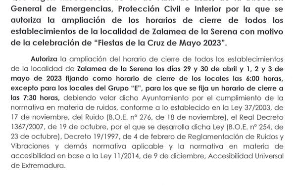 ANUNCIO Ampliación horario cierre establecimientos con motivo de las «Fiestas de la Cruz de Mayo 2023»