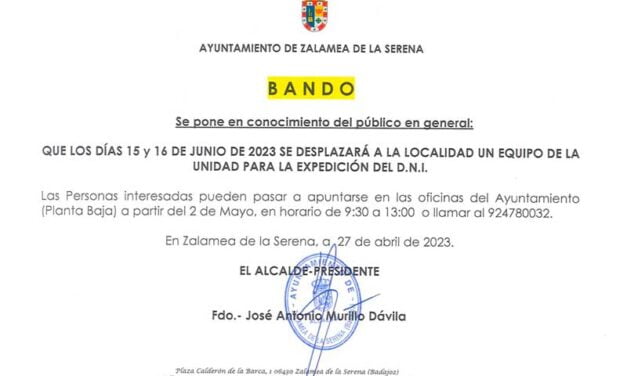 BANDO Renovación DNI días 15 y 16 de Junio de 2023 en Zalamea de la Serena.