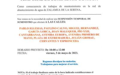 AVISO DE SUSPENSIÓN TEMPORAL DE SUMINISTRO DE AGUA VIERNES 5 MAYO 2023
